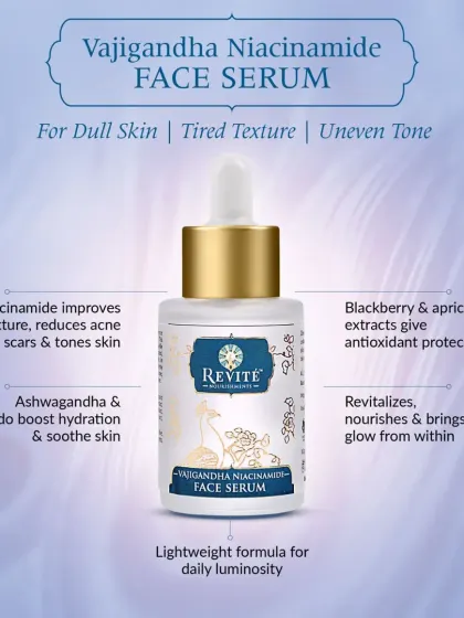 To combat a tired texture and uneven tone, my Vajigandha Niacinamide Face Serum is the perfect solution. It improves texture with Niacinamide, boosts hydration with Ashwagandha, and provides antioxidant protection.