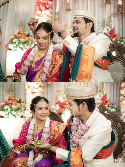 A collage of the Mangalsutra ritual, a sacred and defining moment in a Marathi wedding, symbolizing the couple's union.