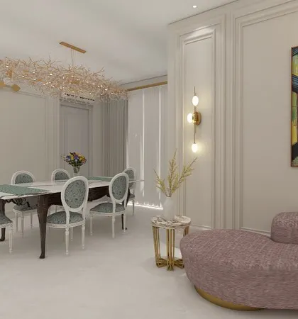 The dining area of Villa 72, featuring a stunning chandelier that mimics branches, classic dining chairs, and elegant wall paneling.