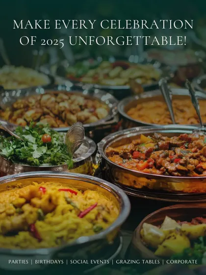 I am ready to make your celebrations unforgettable. This image displays a rich buffet with multiple Indian curries and dishes, perfect for parties, birthdays, and corporate events.