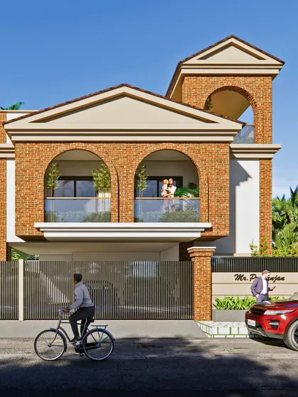 This contemporary elevation for a multi-level residence features grand brick arches, giving it a vernacular and traditional feel. The design includes a rooftop pool and a terrace garden.