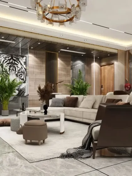 This living room showcases a bold and luxurious design with a tiger-print artwork, rich wood paneling, and a comfortable sectional sofa. The space is filled with character and sophisticated details.