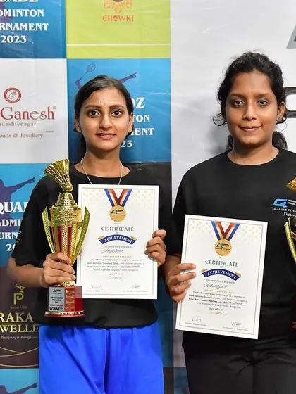 The champions of the Women's Doubles category at our 2023 Badminton Tournament.