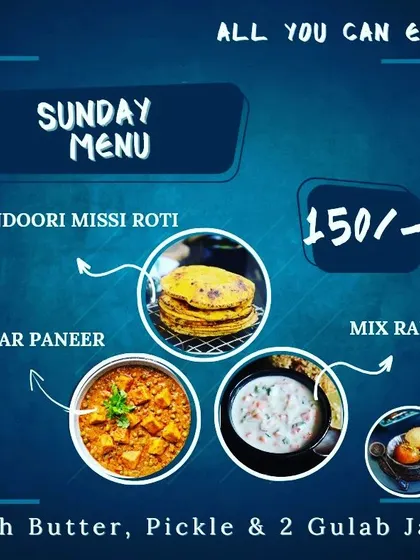 My Sunday Special Thali is something my customers look forward to all week. This all-you-can-eat meal features tandoori missi roti, matar paneer, mix raita, and gulab jamun, offering a delicious restaurant-style experience with a homely touch.