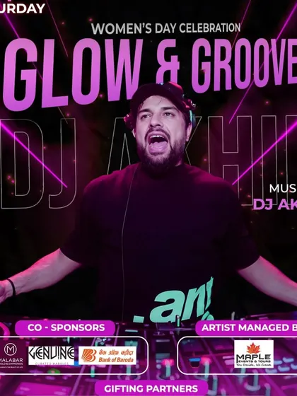 The official event poster featuring DJ Akhil, for whom we managed the artist booking and coordination. We connect our clients with the perfect talent to match their event's vibe.