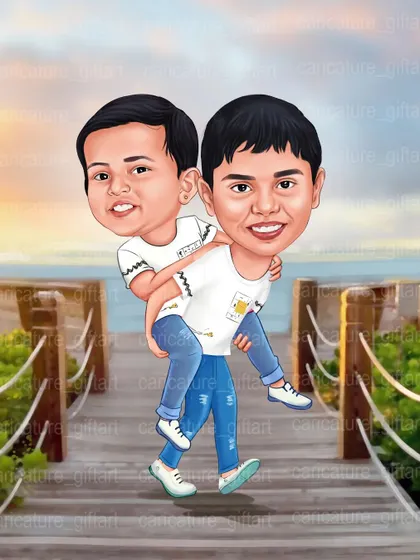A heartwarming caricature of two brothers, with the older one giving his younger brother a piggyback ride. A perfect gift to celebrate sibling love.