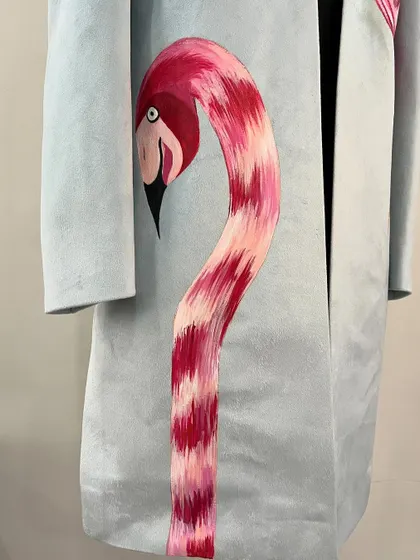 A detail shot of the flamingo's neck on the custom sherwani. I used blended shades of pink and white to create a feathered texture.