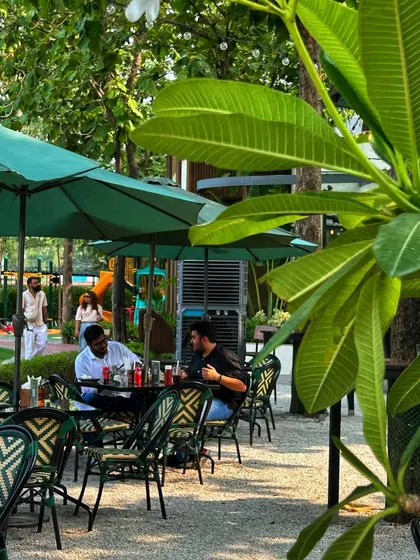 Guests enjoying a meal on our lush, green patio. It's a tranquil escape where you can dine surrounded by nature.