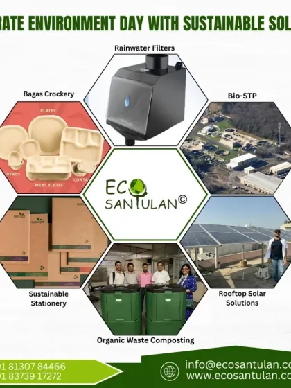 This image shows the range of sustainable solutions I advocate for, from compostable crockery and stationery to rainwater filters, organic waste composting, and rooftop solar.