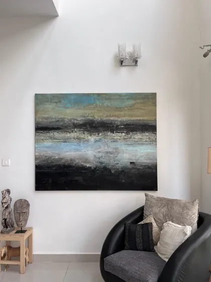 'Don’t Hold the Thought' is an abstract landscape that bridges two of my series. It's a moody piece that works beautifully in a modern setting, creating a sense of calm and introspection.