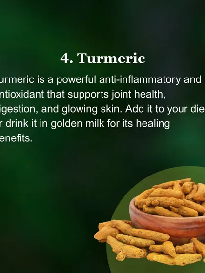 Turmeric is a powerful anti-inflammatory and antioxidant. It supports joint health, digestion, and glowing skin. Adding it to your diet or drinking it in golden milk is an easy way to get its benefits.