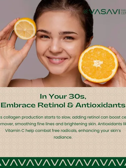 As collagen production starts to slow in your 30s, it's a good time to embrace Retinol and antioxidants. Retinol boosts cell turnover, while Vitamin C helps combat free radicals.