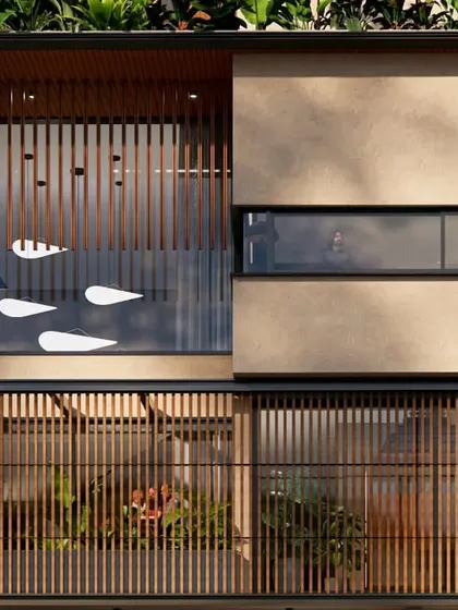 A detailed shot of the louvered screens on the 18th Avenue House, which are essential for creating comfortable, naturally ventilated interior spaces.