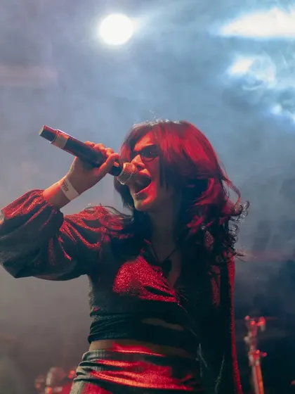 Another intense performance shot from the TS Collective show at Fandom. The lighting and my expression convey the power and emotion of my original music.