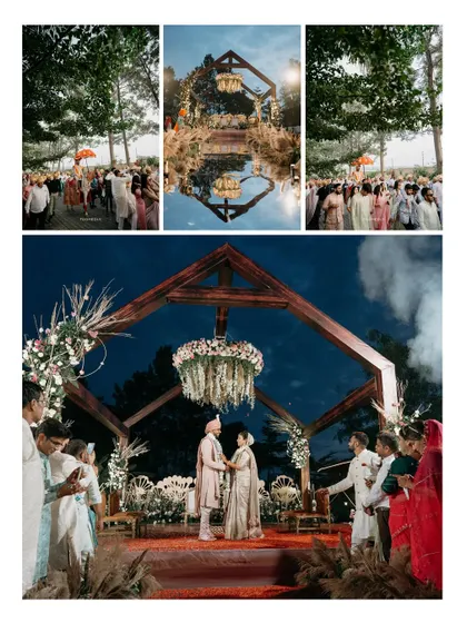 A collage showcasing a spectacular wedding ceremony at Brahmi Resorts, from the baraat's arrival to the stunning Varmala under a floral chandelier.