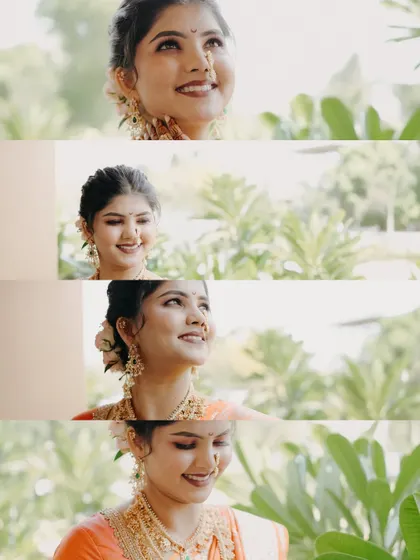 A film strip-style collage showing the many beautiful expressions of a bride on her wedding day. Each frame captures a different nuance of her happiness and anticipation.