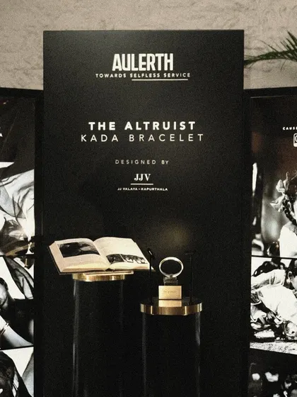 The powerful display for The Altruist Kada Bracelet, an initiative for selfless service designed by JJ Valaya to support girls' education in partnership with CRY.