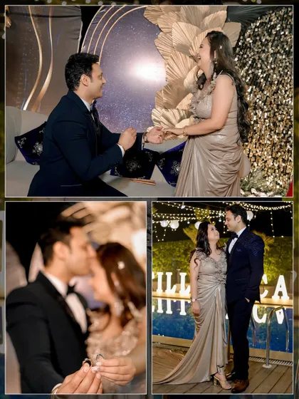 A series of romantic nighttime portraits from an engagement party by a pool, capturing the couple's dance, kisses, and the ring exchange.