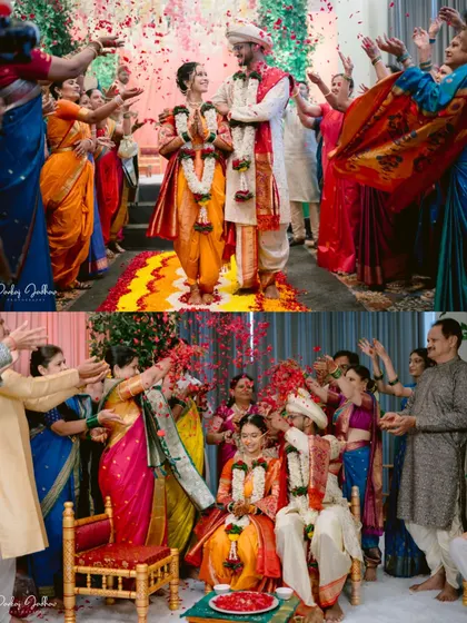 A collage capturing the grand entry and the petal shower, key moments of a vibrant Maharashtrian wedding.