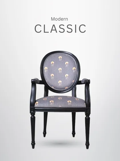 A front view of the modern classic chair, showcasing its elegant form and comfortable seating.