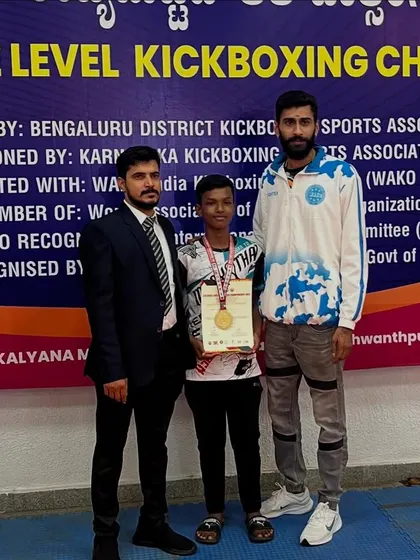 Another gold medalist from my team at the state kickboxing tournament. We train to be the best in Karnataka.