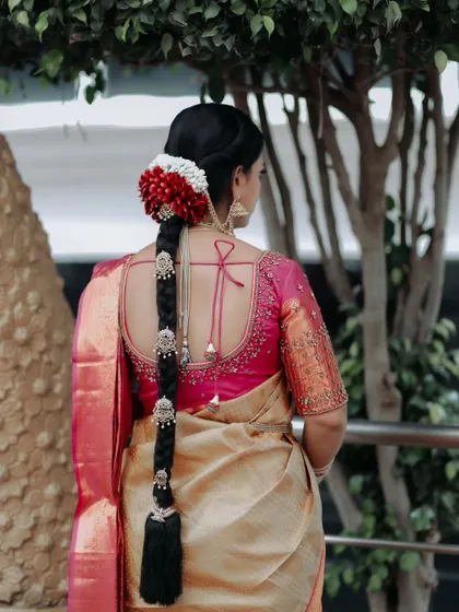 A view of the beautiful hair jewellery chosen by my client. The traditional braid accessory, known as a jada, adds a classic South Indian touch to her hairstyle.