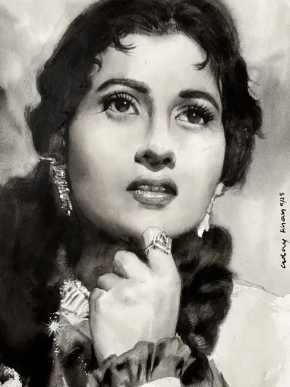 Brushstrokes of nostalgia. This monochrome demonstration captures the timeless beauty of Madhubala, focusing on the soft transitions of light and shadow that defined her iconic look.