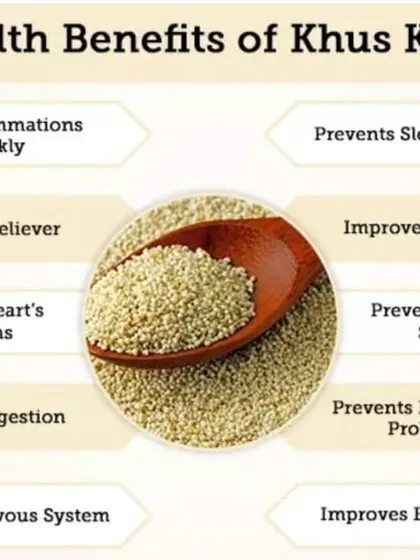 An infographic detailing the many health benefits of Khus Khus (poppy seeds), from improving digestion to preventing kidney stones.