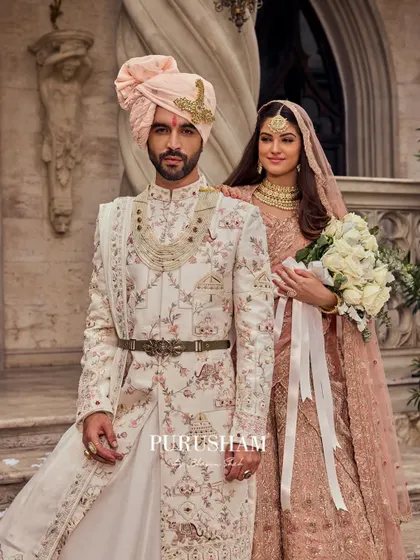 Here, the groom's presence is defined by his regal attire. The floral-embroidered sherwani, layered pearl necklace, and belted waist create a powerful silhouette that is both traditional and commanding.