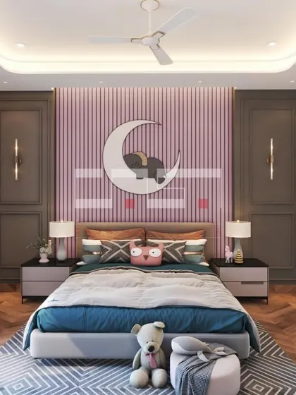 A whimsical and charming kid's bedroom design featuring a moon-and-stars theme on the wall, creating a magical atmosphere for sleep and play.