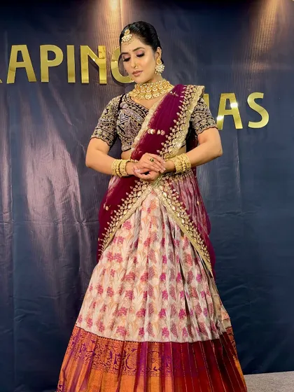 The full look of the South Indian half-saree, a perfect blend of tradition and modernity for any celebration.