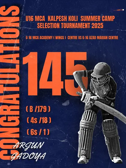 Results are everything. Here's one of our top performers, Arjun Gadoya, celebrating a massive 145-run knock in the U16 MCA Kalpesh Koli Summer Camp Selection Tournament. This is the kind of match-winning performance we train our players to deliver under pressure.