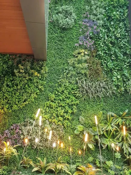 An artificial green wall accented with elegant lighting. This maintenance-free solution is perfect for creating a lush, green ambiance in indoor spaces where conditions are not suitable for live plants.