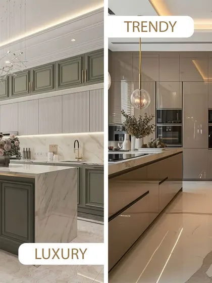 A comparison of a classic luxury kitchen with ornate cabinets and a trendy modern kitchen with sleek, glossy finishes. Which style speaks to you?
