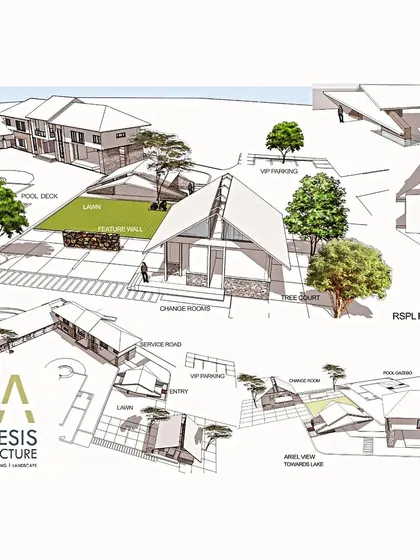 The master plan sketch for the RSPL Farm House in Bangalore. This drawing lays out the entire property, including the main house, pool deck, dining pavilion, and landscaping, showing our holistic approach to designing large-scale resort projects.