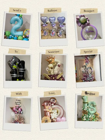 A polaroid-style collage showcasing nine of our unique and special balloon bouquets. It's a great way to see the variety of custom gifts we can create.