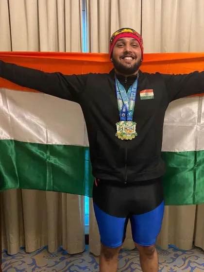 A proud moment for our gym and for India. Our athlete flying the tricolor high after his incredible performance and double gold medal win at the AWPC World Cup.