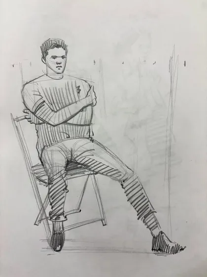 A sketch of a man sitting in a folding chair with arms crossed, a study in conveying attitude.