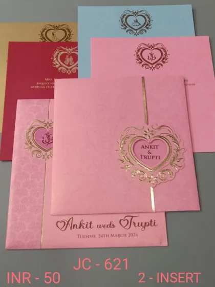 This heart-themed invitation is available in a variety of fun colors like pink, red, and blue. It's a sweet and affordable choice for announcing your wedding.