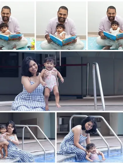 This collage shows a day in the life: dad handling story time while mom takes care of playtime. It’s a perfect example of how I capture different family dynamics in one session.