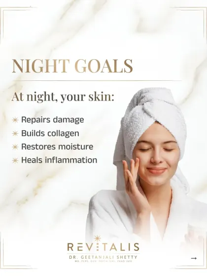 At night, your skin's goals are completely different. This is when it works to repair damage from the day, build new collagen, restore moisture, and heal inflammation. Your PM routine should support this natural healing process.