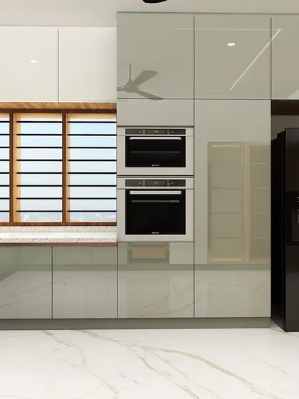 A 3D render of a sleek, modern kitchen with light green and white glossy cabinets. The design includes integrated double ovens and a large refrigerator, emphasizing a clean and seamless look.