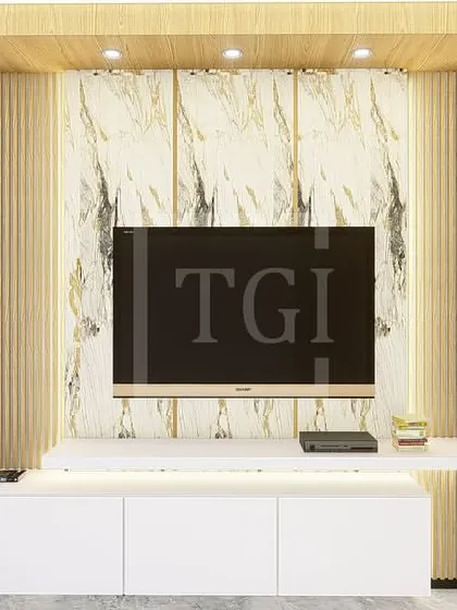 A proposed TV unit design for a project in Kolkata. This concept combines a marble-finish backdrop with fluted wooden panels and subtle backlighting to create a modern and elegant entertainment center.