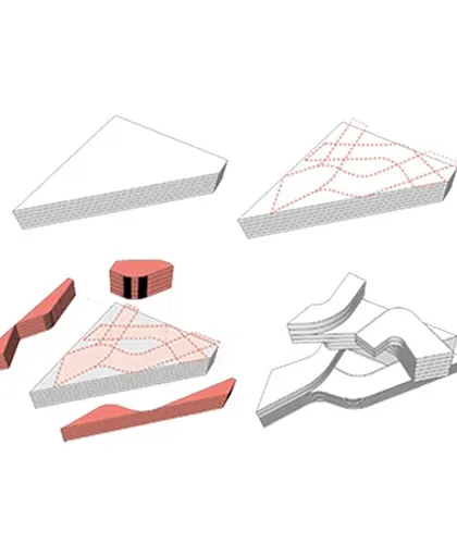 Terraced and peeled 1/8… diagrams showing how a triangular mass is deconstructed into flowing layers.