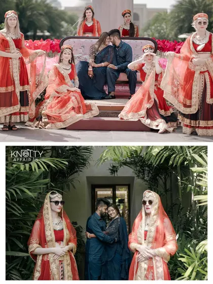 Themed group photos with the couple and their friends in coordinated outfits. We help execute and capture creative photo ideas.
