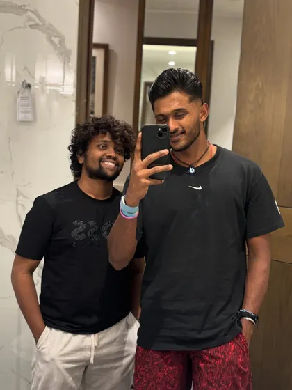 A final selfie with Sai Sudharsan after his haircut is complete.