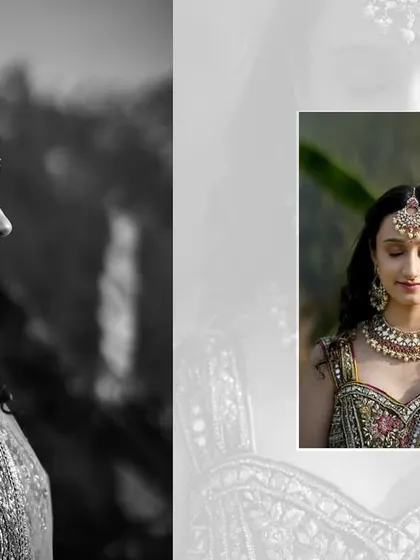 An artistic collage with a black and white portrait of the bride, creating a timeless and emotional feel for her Mehandi photos.
