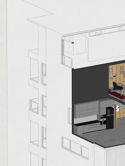 A cropped view of the axonometric drawing, focusing on the lower level of the penthouse and its connection to the building's exterior.