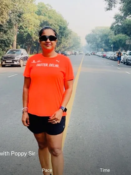 A member from the "Faster Delhi" group running with us. We love collaborating with other running communities in the city.