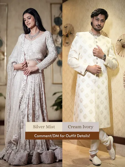 For a look that’s pure elegance, this silver mist lehenga and cream ivory sherwani are a perfect match. Ideal for a chic, modern wedding celebration.